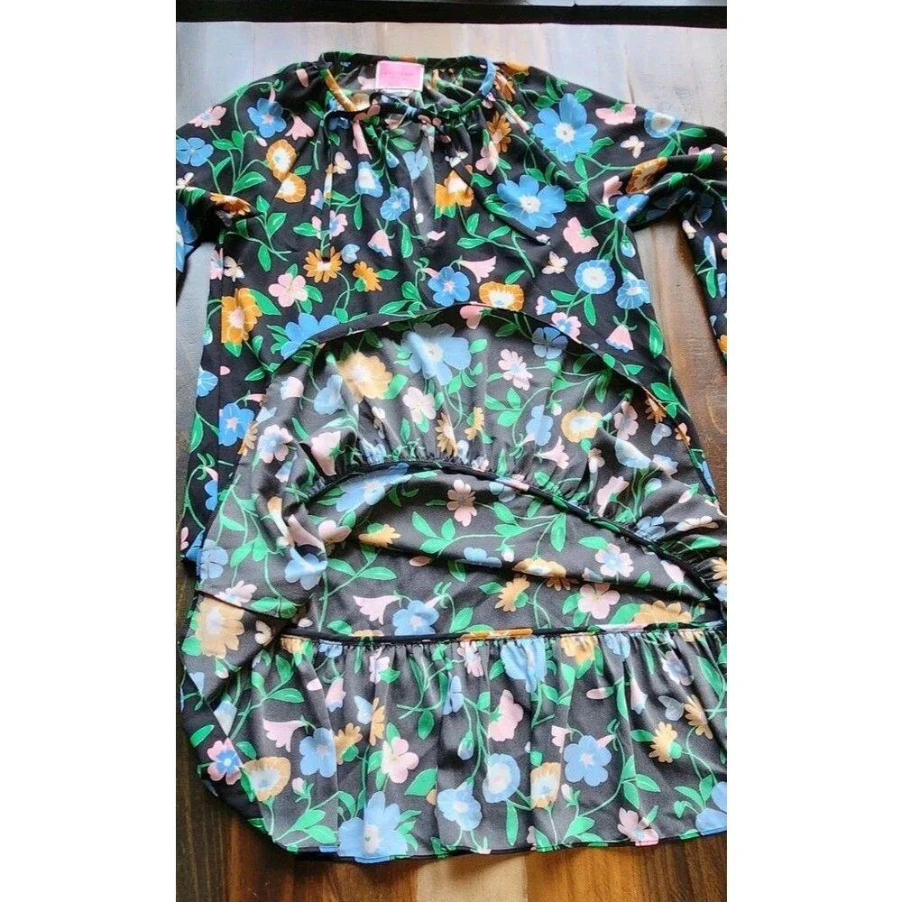 Kate Spade Black Floral Puff Sleeve Tunic Blouse Round Neck Size S (726)